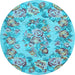 Round Machine Washable Medallion Light Blue French Rug, wshtr546lblu