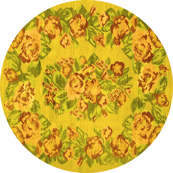 Round Machine Washable Medallion Yellow French Rug, wshtr546yw