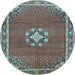 Round Machine Washable Medallion Light Blue Traditional Rug, wshtr547lblu