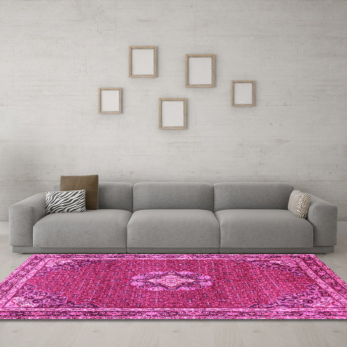 Machine Washable Medallion Pink Traditional Rug in a Living Room, wshtr547pnk