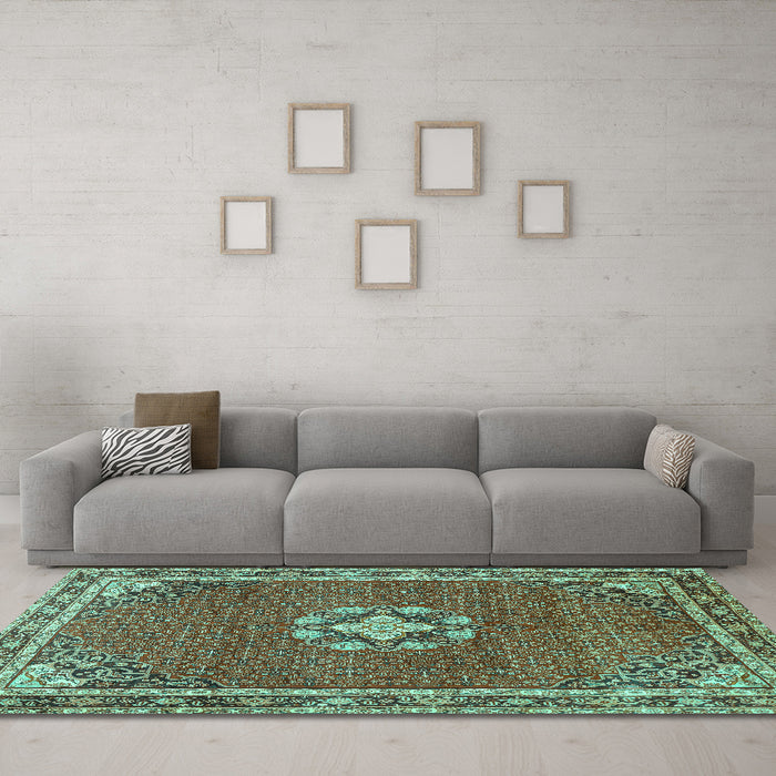 Machine Washable Medallion Turquoise Traditional Area Rugs in a Living Room,, wshtr547turq