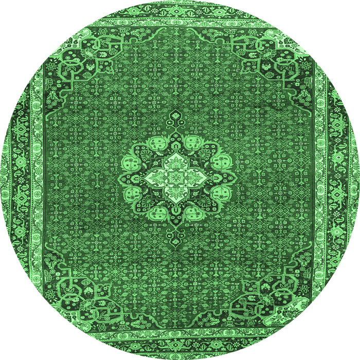 Round Machine Washable Medallion Emerald Green Traditional Area Rugs, wshtr547emgrn