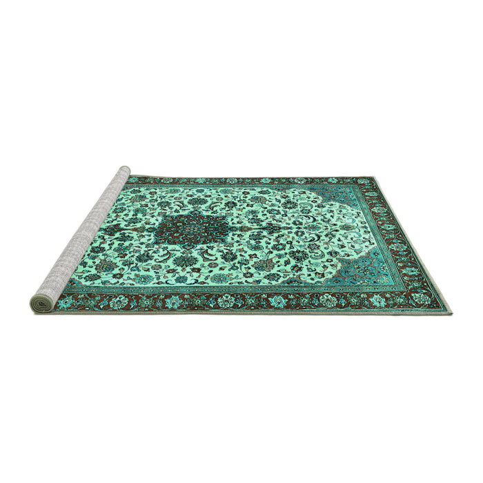 Sideview of Machine Washable Medallion Turquoise Traditional Area Rugs, wshtr548turq