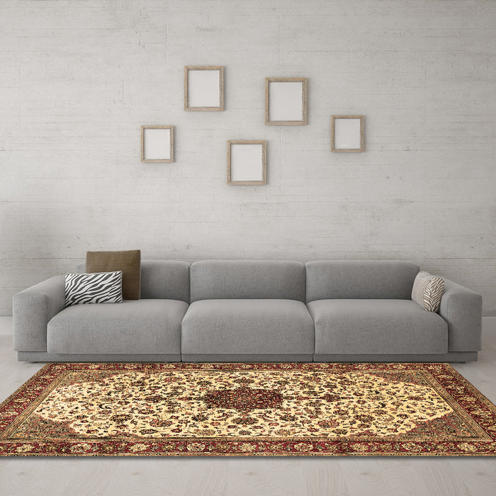 Machine Washable Medallion Brown Traditional Rug in a Living Room,, wshtr548brn