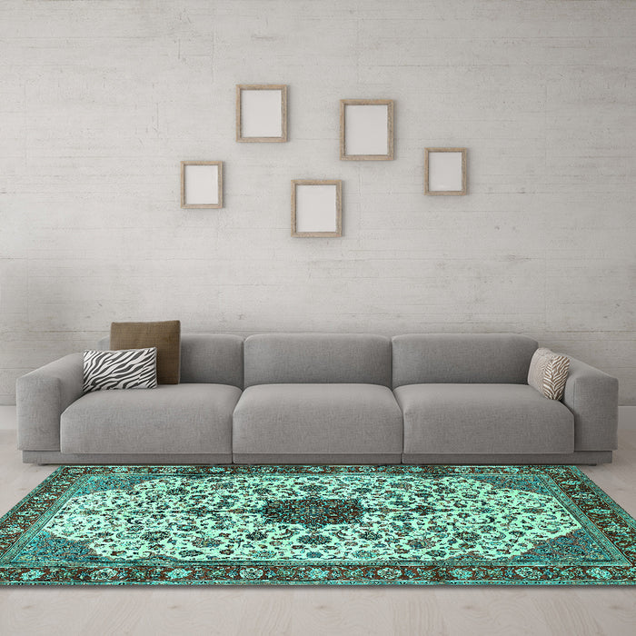 Machine Washable Medallion Turquoise Traditional Area Rugs in a Living Room,, wshtr548turq