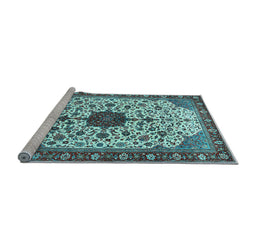 Sideview of Machine Washable Medallion Light Blue Traditional Rug, wshtr548lblu