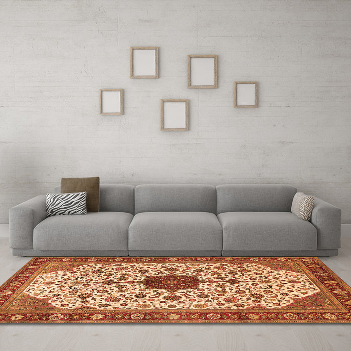 Machine Washable Medallion Orange Traditional Area Rugs in a Living Room, wshtr548org