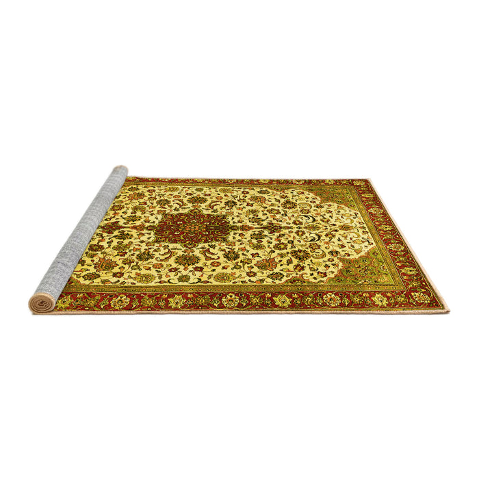 Sideview of Machine Washable Medallion Yellow Traditional Rug, wshtr548yw