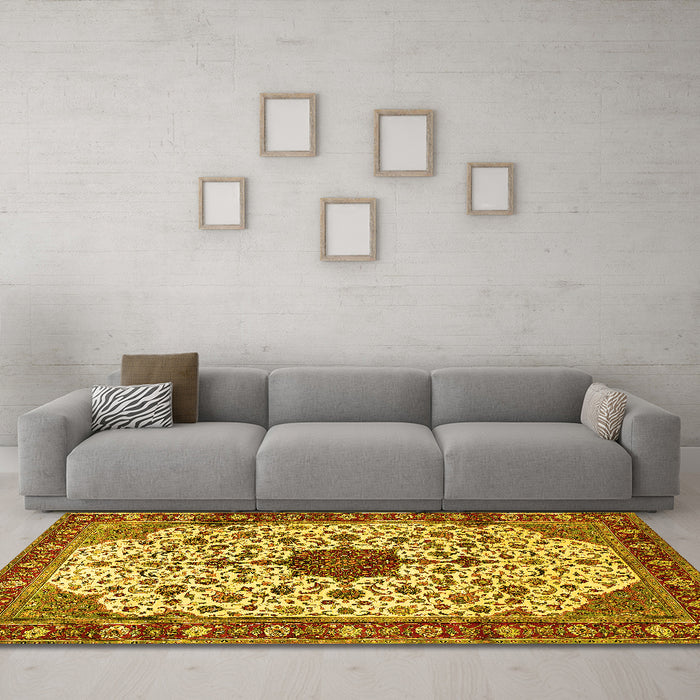 Machine Washable Medallion Yellow Traditional Rug in a Living Room, wshtr548yw