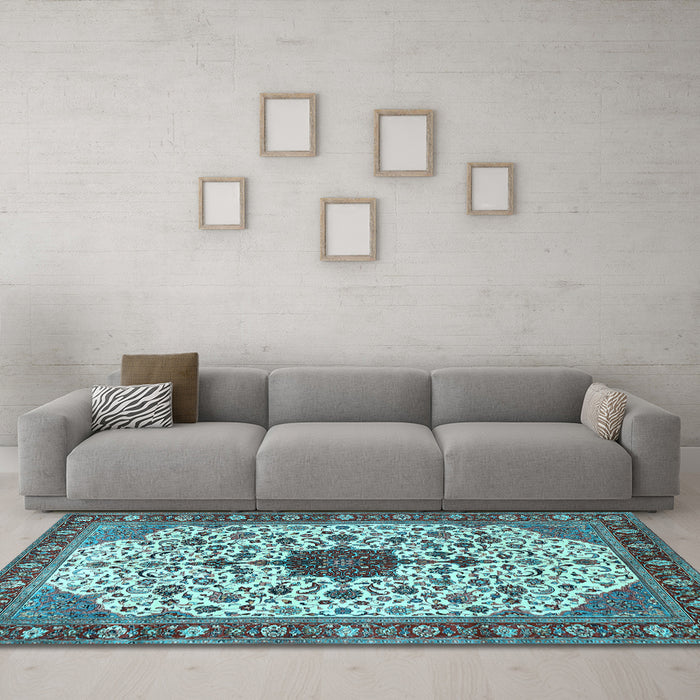 Machine Washable Medallion Light Blue Traditional Rug in a Living Room, wshtr548lblu