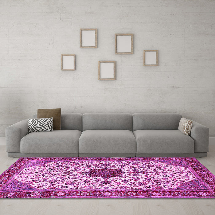 Machine Washable Medallion Pink Traditional Rug in a Living Room, wshtr548pnk