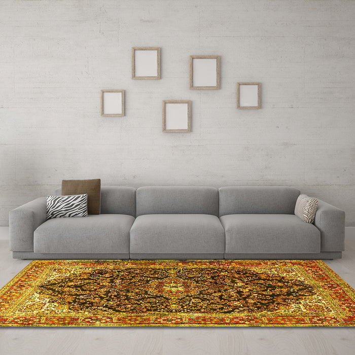 Machine Washable Medallion Yellow Traditional Rug in a Living Room, wshtr549yw
