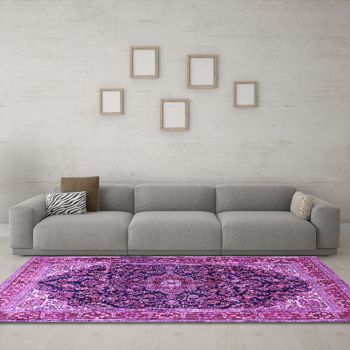 Machine Washable Medallion Purple Traditional Area Rugs in a Living Room, wshtr549pur