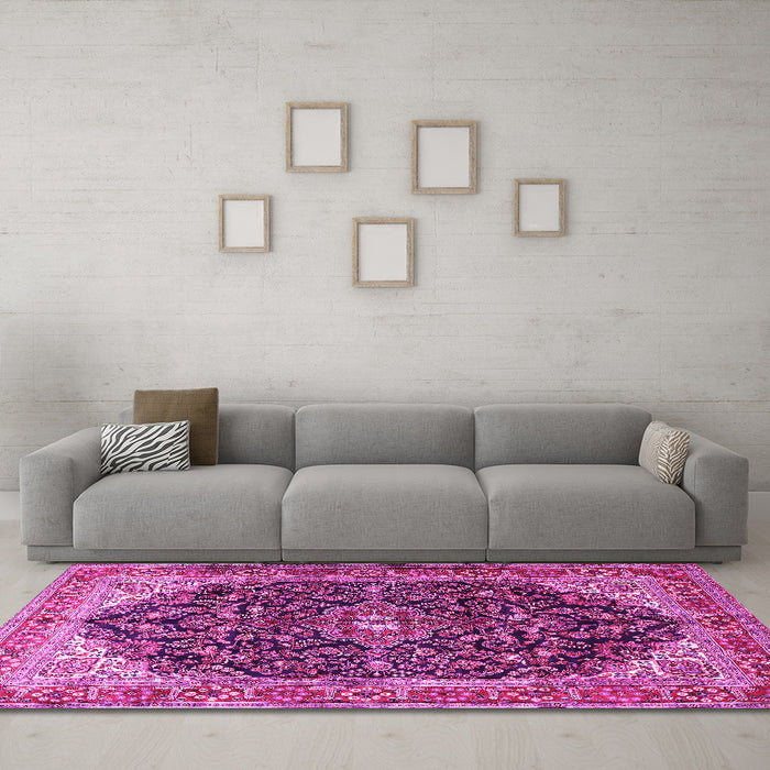 Machine Washable Medallion Pink Traditional Rug in a Living Room, wshtr549pnk