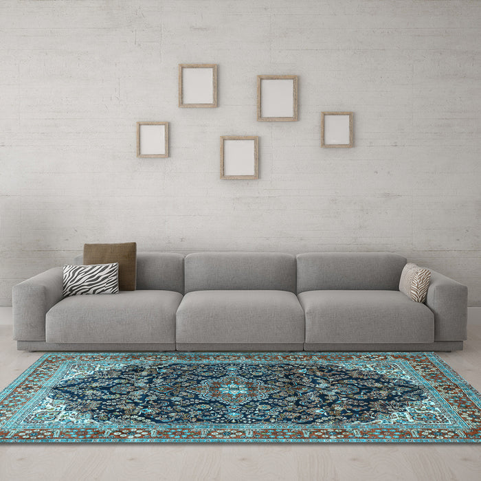 Machine Washable Medallion Light Blue Traditional Rug in a Living Room, wshtr549lblu