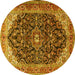 Round Machine Washable Medallion Yellow Traditional Rug, wshtr549yw