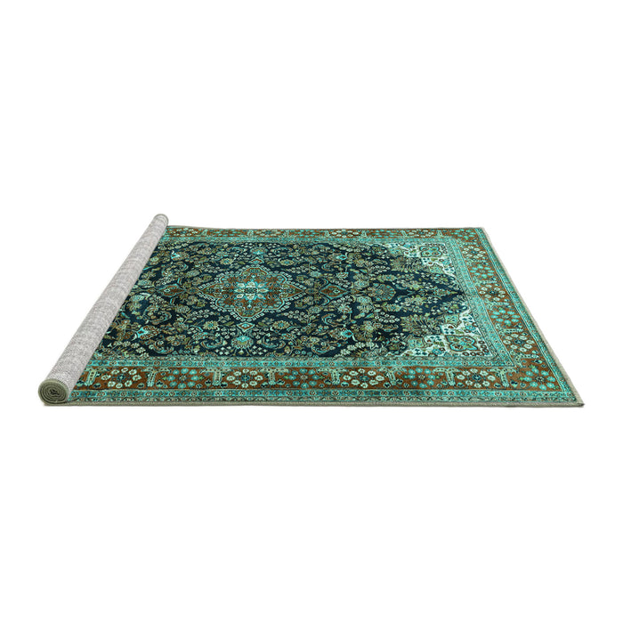 Sideview of Machine Washable Medallion Turquoise Traditional Area Rugs, wshtr549turq