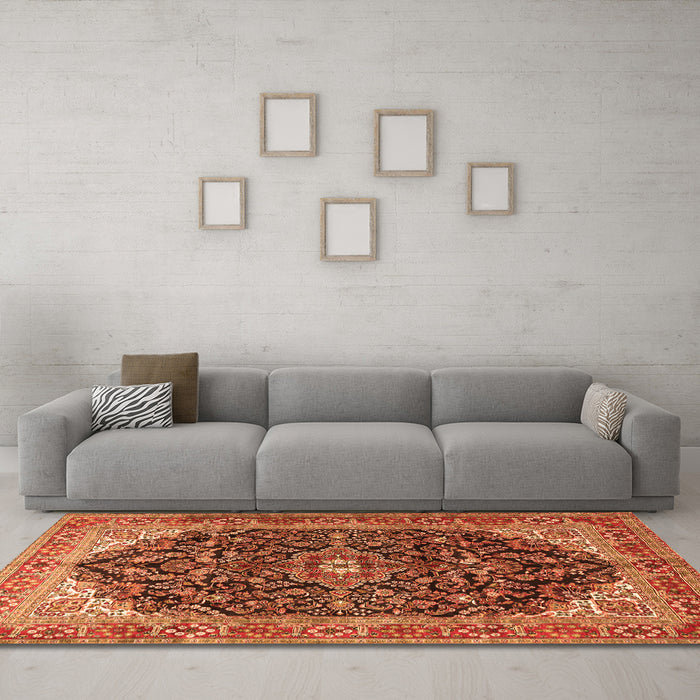 Machine Washable Medallion Orange Traditional Area Rugs in a Living Room, wshtr549org