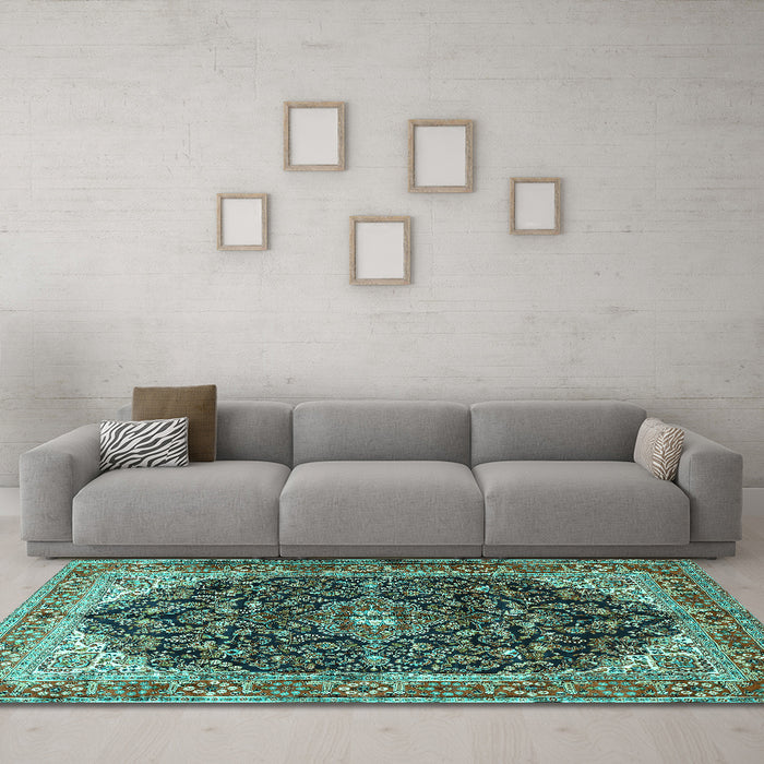 Machine Washable Medallion Turquoise Traditional Area Rugs in a Living Room,, wshtr549turq