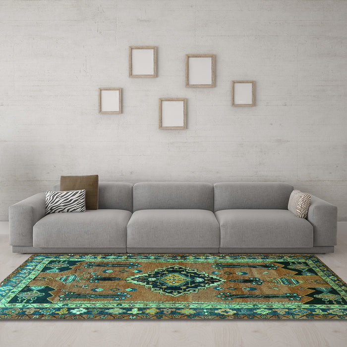 Machine Washable Persian Turquoise Traditional Area Rugs in a Living Room,, wshtr550turq