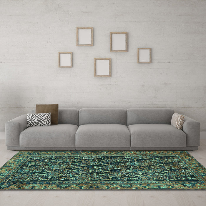 Machine Washable Persian Turquoise Traditional Area Rugs in a Living Room,, wshtr551turq