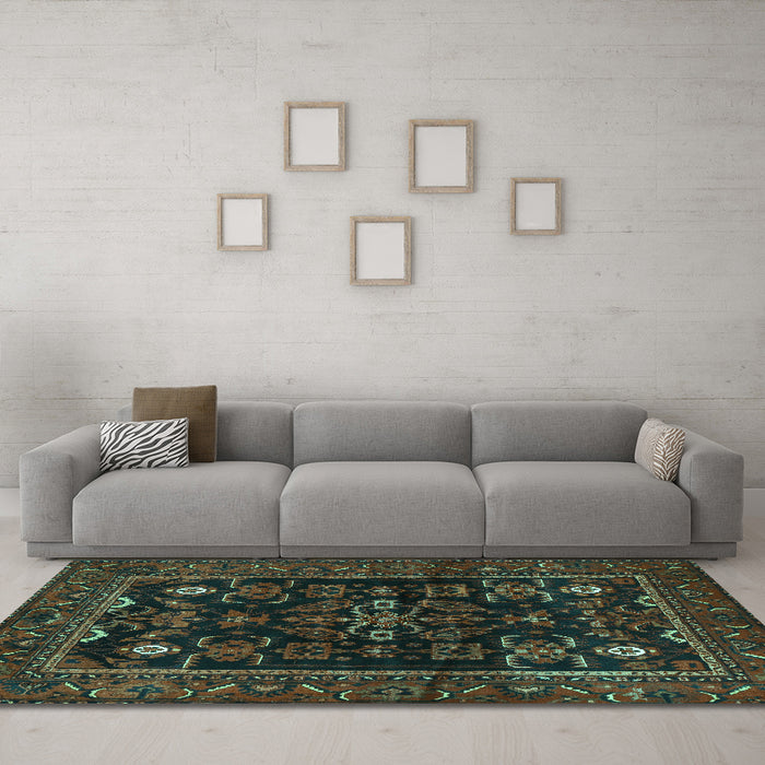Machine Washable Persian Turquoise Traditional Area Rugs in a Living Room,, wshtr552turq