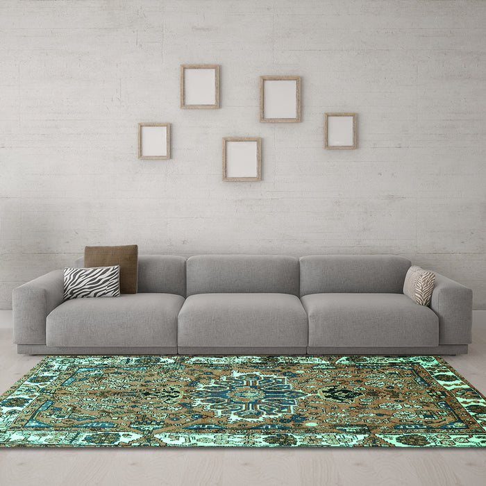 Machine Washable Persian Turquoise Traditional Area Rugs in a Living Room,, wshtr555turq