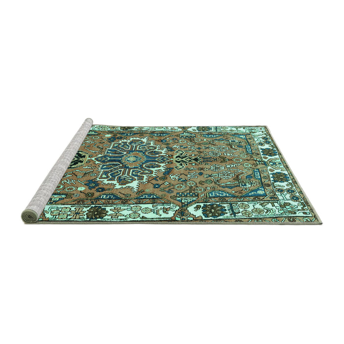 Sideview of Machine Washable Persian Turquoise Traditional Area Rugs, wshtr555turq