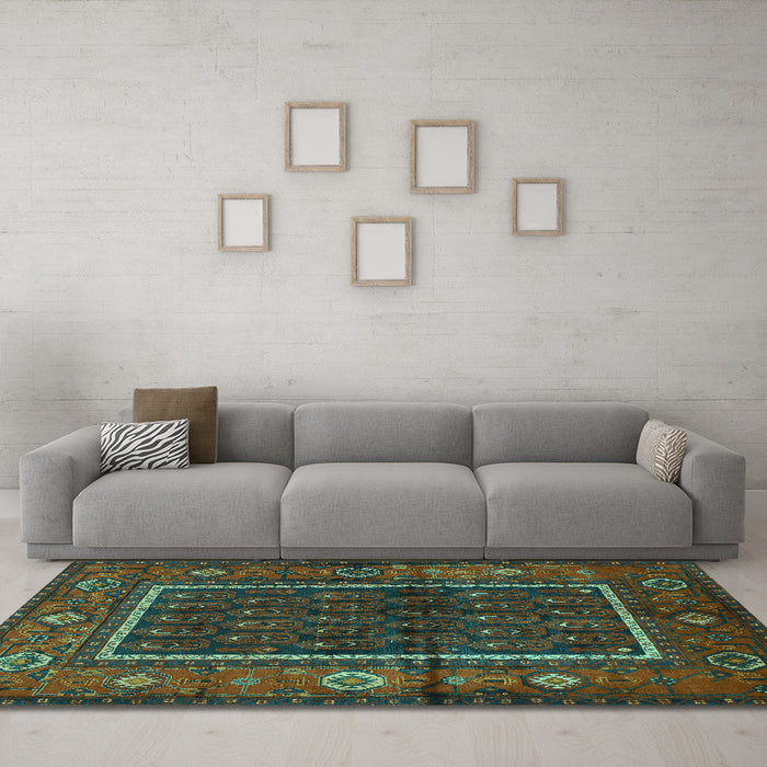 Machine Washable Persian Turquoise Traditional Area Rugs in a Living Room,, wshtr557turq