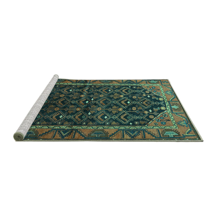 Sideview of Machine Washable Persian Turquoise Traditional Area Rugs, wshtr558turq