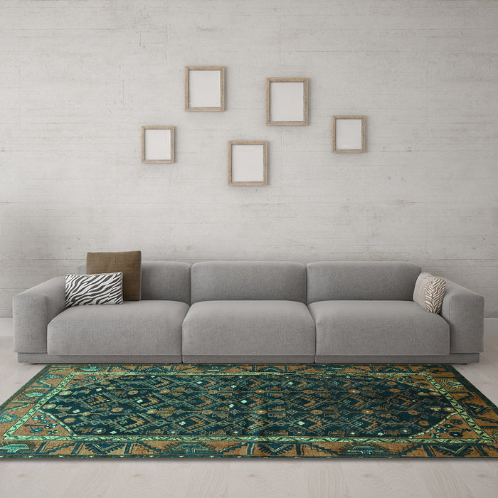 Machine Washable Persian Turquoise Traditional Area Rugs in a Living Room,, wshtr558turq