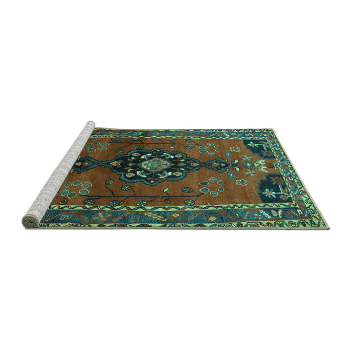 Sideview of Machine Washable Persian Turquoise Traditional Area Rugs, wshtr559turq