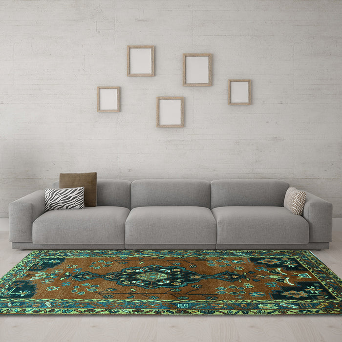 Machine Washable Persian Turquoise Traditional Area Rugs in a Living Room,, wshtr559turq