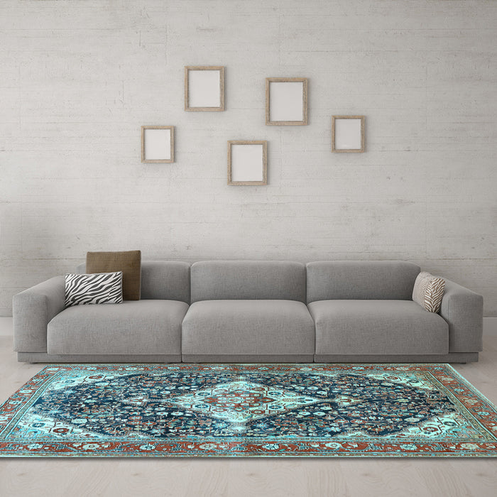 Machine Washable Medallion Light Blue Traditional Rug in a Living Room, wshtr561lblu