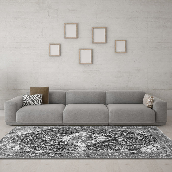 Machine Washable Medallion Gray Traditional Rug in a Living Room,, wshtr561gry