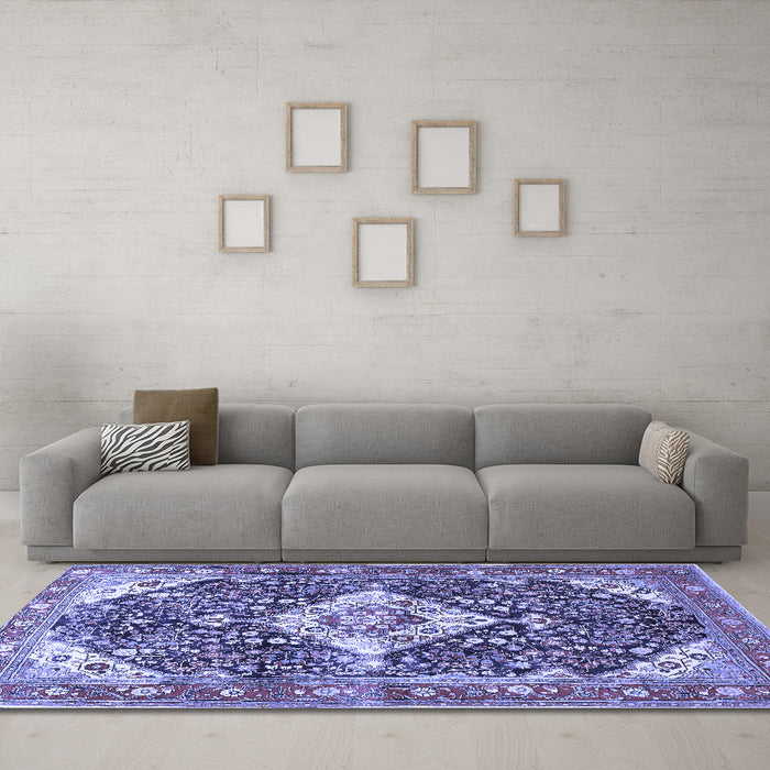 Machine Washable Medallion Blue Traditional Rug in a Living Room, wshtr561blu