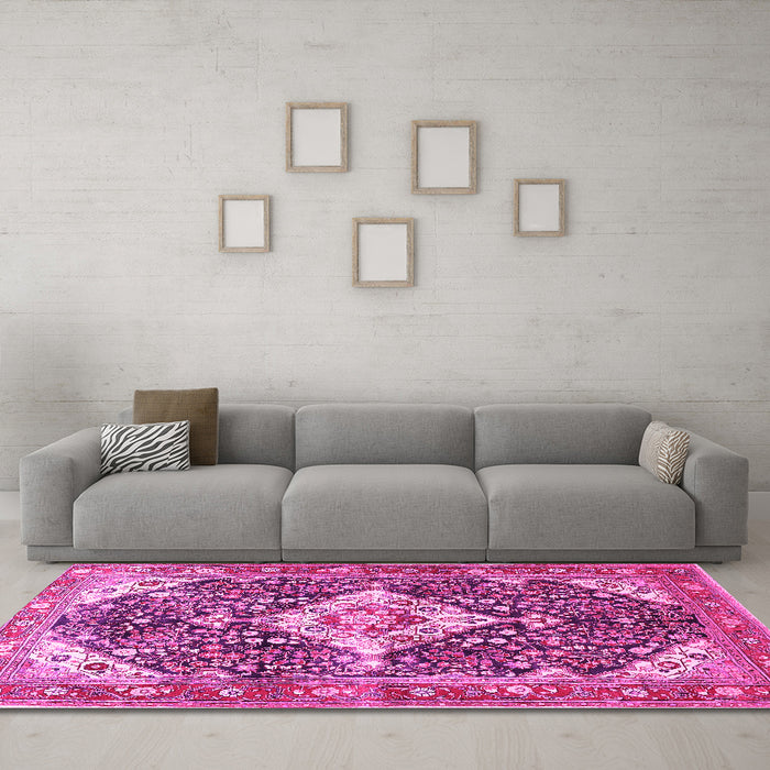 Machine Washable Medallion Pink Traditional Rug in a Living Room, wshtr561pnk