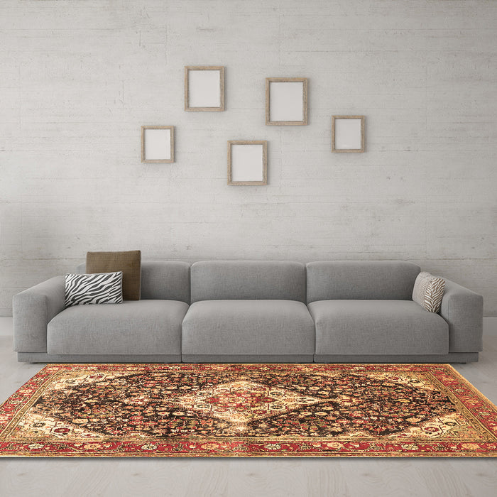 Machine Washable Medallion Brown Traditional Rug in a Living Room,, wshtr561brn