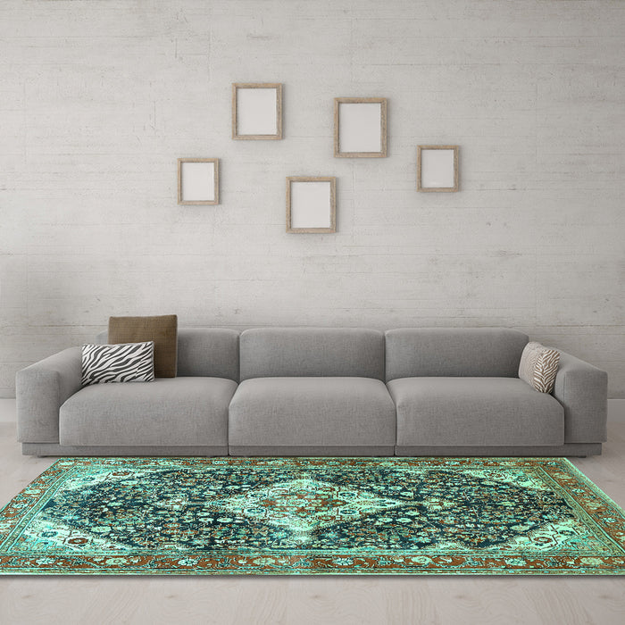 Machine Washable Medallion Turquoise Traditional Area Rugs in a Living Room,, wshtr561turq