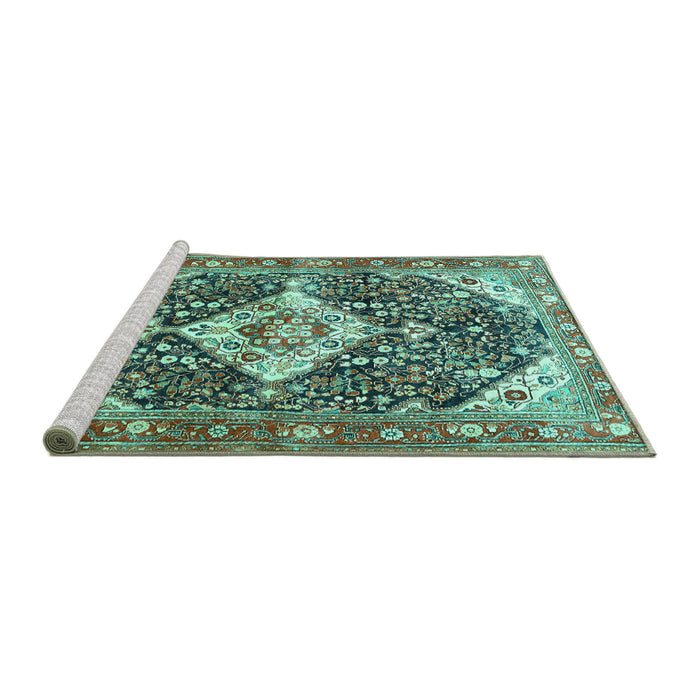 Sideview of Machine Washable Medallion Turquoise Traditional Area Rugs, wshtr561turq