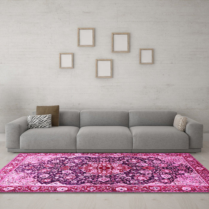 Machine Washable Medallion Pink Traditional Rug in a Living Room, wshtr562pnk