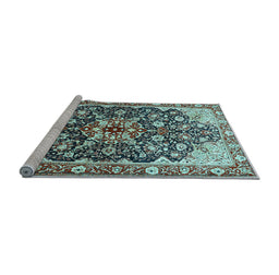 Sideview of Machine Washable Medallion Light Blue Traditional Rug, wshtr562lblu