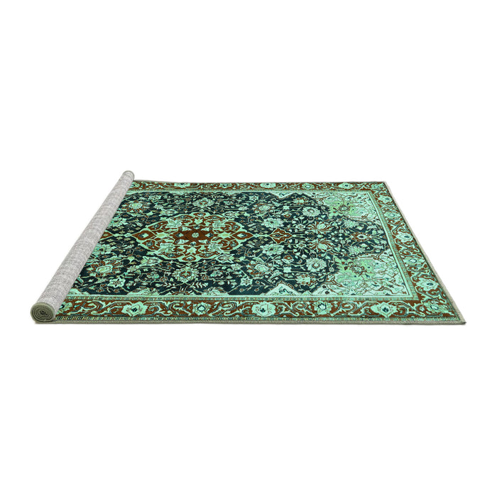 Sideview of Machine Washable Medallion Turquoise Traditional Area Rugs, wshtr562turq