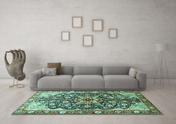 Machine Washable Medallion Turquoise Traditional Area Rugs in a Living Room,, wshtr562turq