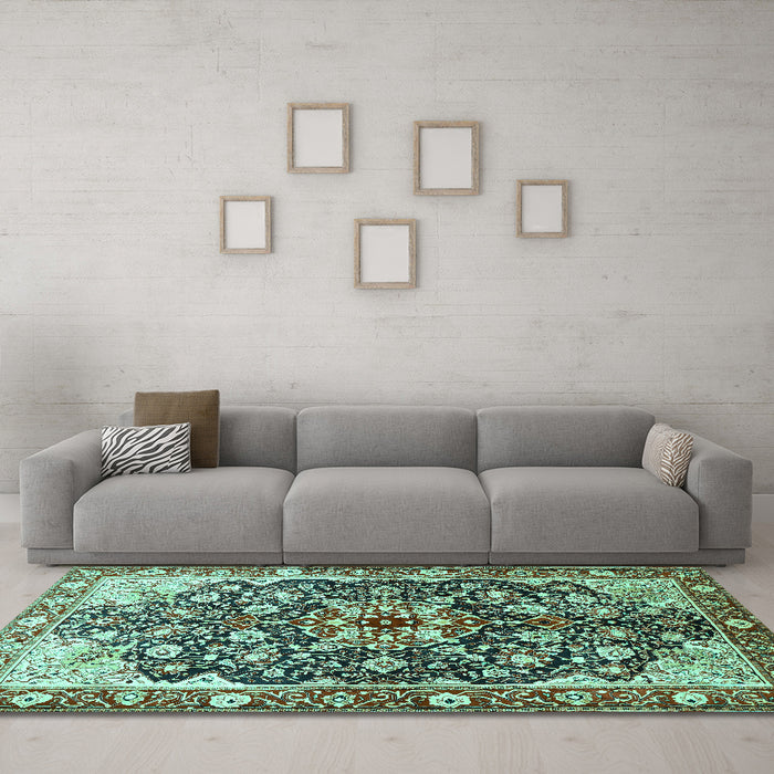 Machine Washable Medallion Turquoise Traditional Area Rugs in a Living Room,, wshtr562turq