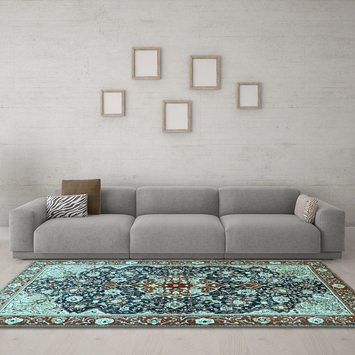 Machine Washable Medallion Light Blue Traditional Rug in a Living Room, wshtr562lblu