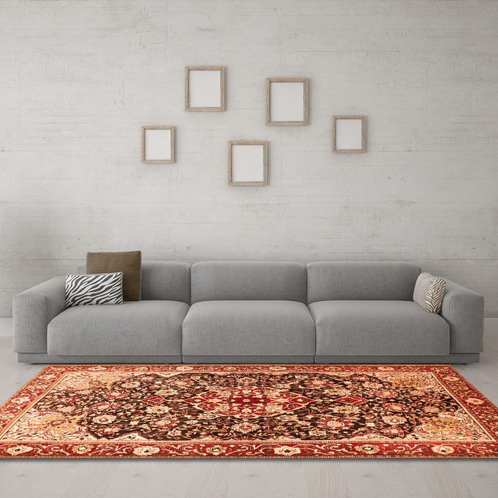 Machine Washable Medallion Orange Traditional Area Rugs in a Living Room, wshtr562org