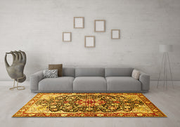 Machine Washable Medallion Yellow Traditional Rug in a Living Room, wshtr562yw