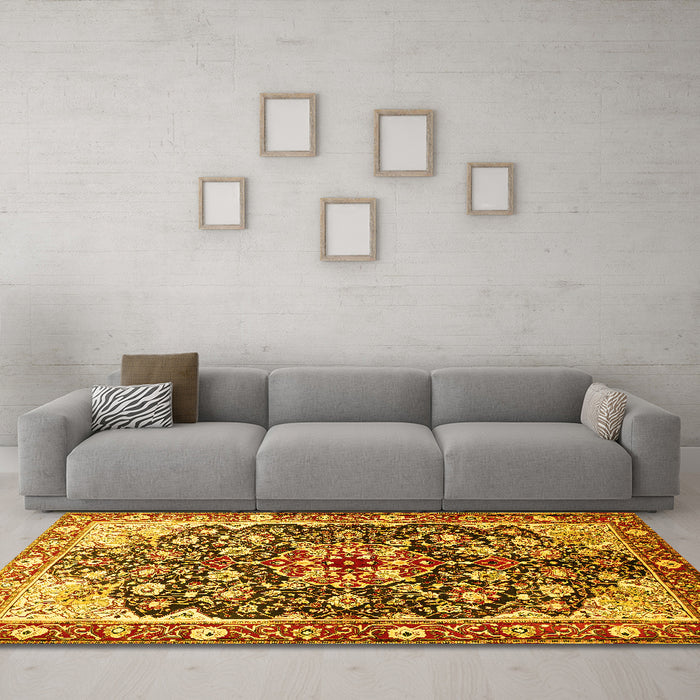 Machine Washable Medallion Yellow Traditional Rug in a Living Room, wshtr562yw