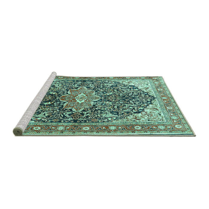 Sideview of Machine Washable Medallion Turquoise Traditional Area Rugs, wshtr563turq
